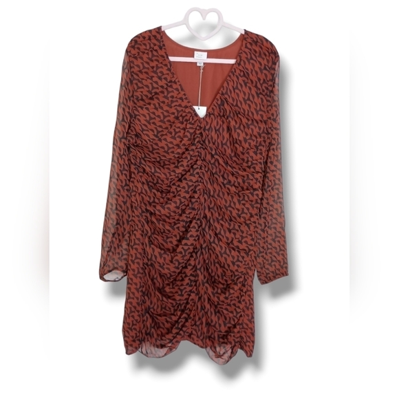 NWT A New Day Long Sleeve Ruched Front Bodycon Dress in Clay/Blk Combo - Picture 4 of 10